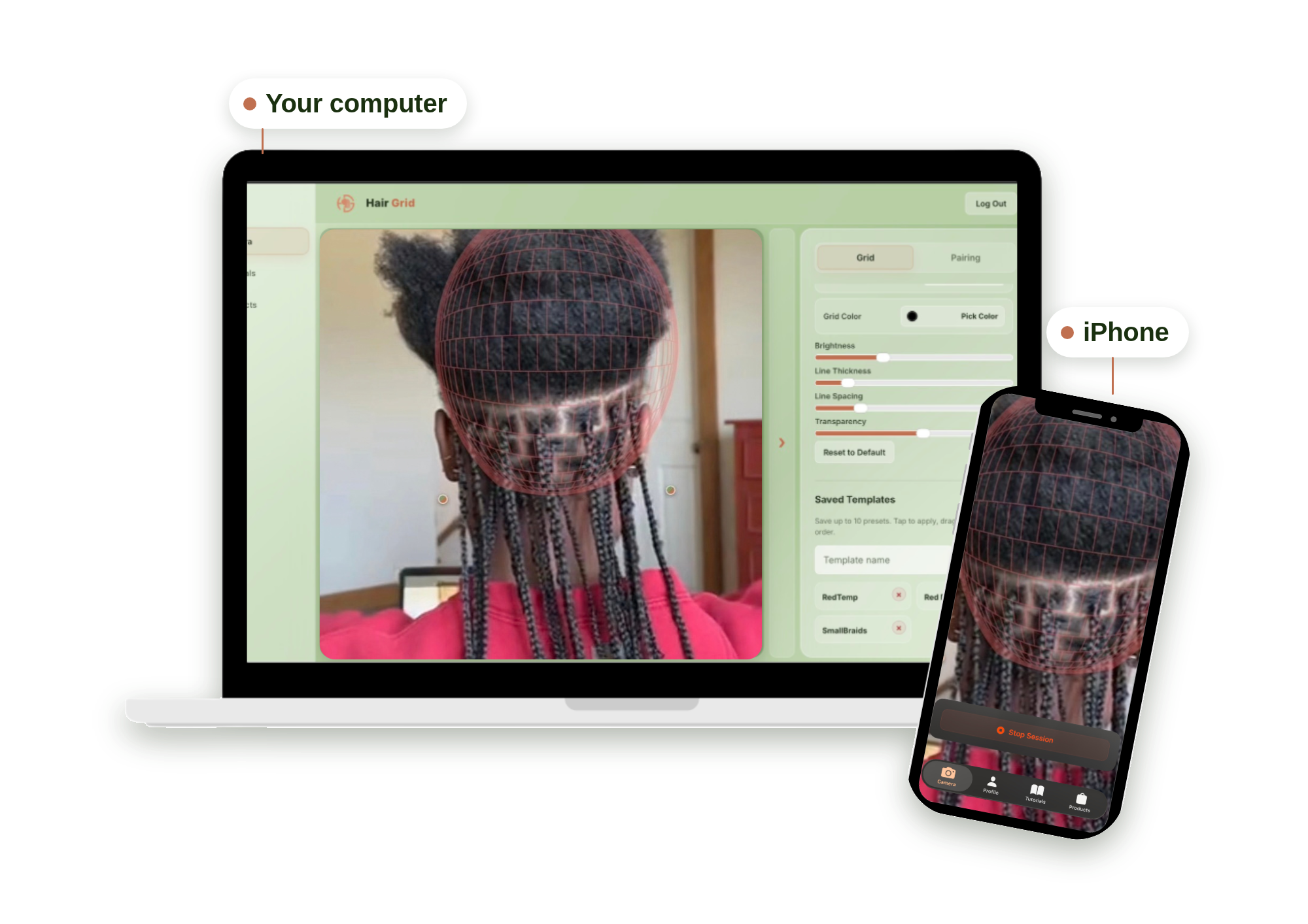 HairGrid™ in use: the iPhone streams a live rear-camera view of braids to the laptop, where an adjustable grid overlays the back of the head next to grid color, brightness, line thickness, spacing, and transparency controls